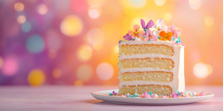 Mouthwatering Lemon Drizzle Cake Slice with Edible Flowers on a Decorative Plate, Perfect for Springの素材