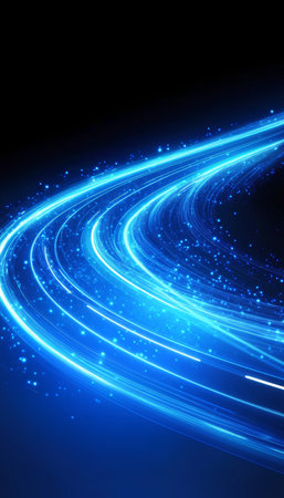 Blurred Light Trails Illustrating Fast Online Connectivity and High-Speed Networking Technologyの素材