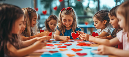 Adorable Kids Crafting Valentine Day Greeting Card at Daycare, Learning with Paper Hearts and Funの素材