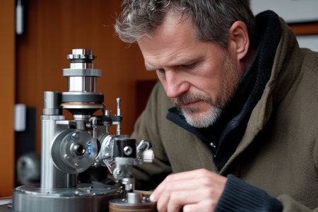 Quality Control in Advanced Engineering Professional Inspecting Metal Machine Components with Careの素材