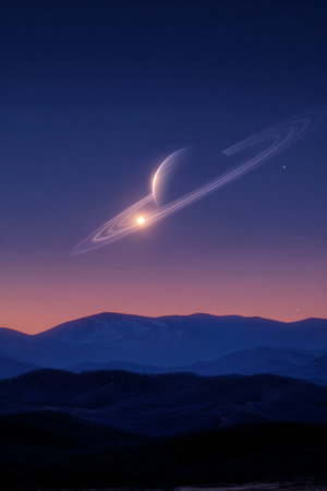 Stunning Sunrise Over Saturn and Its Rings, Captivating Cosmic Landscape with Starry Sky and Planetsの素材