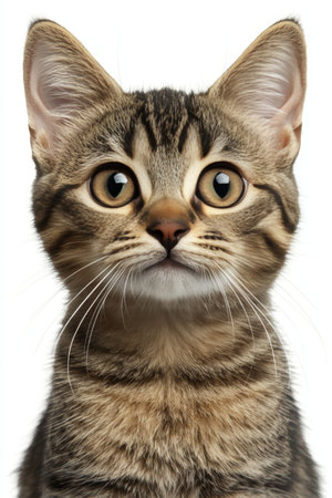 Charming Striped Tabby Kitten Posing Adorably on a White Background for Pet Photography Enthusiastsの素材