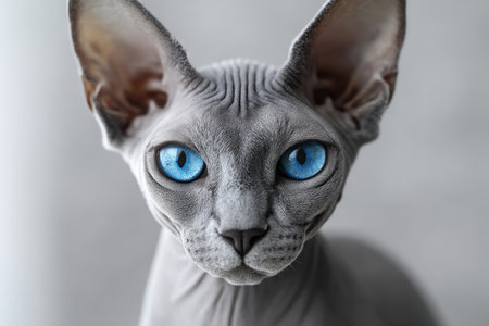 Sphynx Cat Portrait Striking Pale Grey Coat with Captivating Deep Blue Eyes on Neutral Backgroundの素材