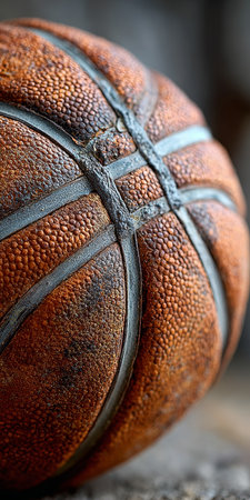 Close Up of a Well Worn Leather Basketball with Grungy Texture, Symbolizing Sport and Passionの素材
