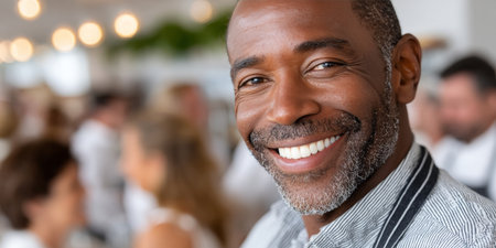 Welcoming Business Proprietor Engaging with Locals at a Social Gathering Showcasing Community Spiritの素材