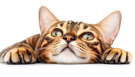 Stunning Bengal Cat Portrait with Beautiful Markings and Expressive Green Eyes on White Backgroundの素材