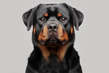 Charming Rottweiler Portrait with Affectionate Expression Against a Soft Gray Background in Close Upの素材