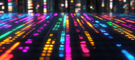 Colorful Light Paths Converging in a Grid Pattern Showcasing Advanced Futuristic Computer Designの素材