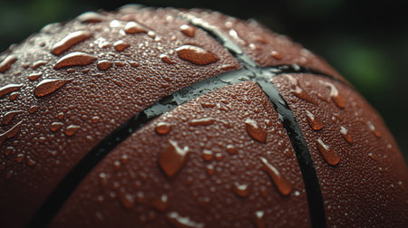 Dramatic Close Up of an Orange Basketball Texture Glistening with Water on Wet Leather Surfaceの素材