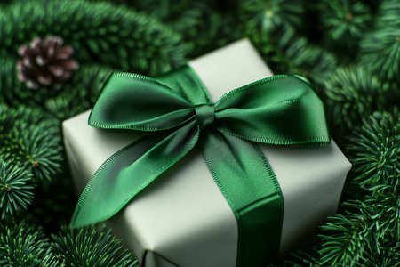 Charming Presentation of a White Gift Box with a Green Bow Surrounded by Natural Spruce Branchesの素材