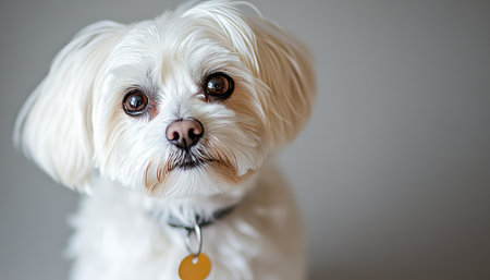 Charming Maltese Dog with Bright Eyes and Fluffy Coat Posing Elegantly on a Soft Gray Backgroundの素材