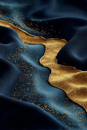 Luxurious Opulent Navy Blue and Golden Velvet Drapery with Shimmering Textures and Intricate Detailsの素材