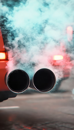 Automotive Engine Emissions Cloud Obscuring Tail Lights, Exhaust Gases Indicating Pollution Damageの素材