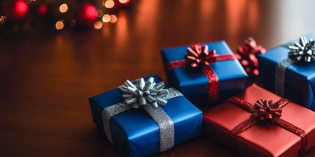 Festive New Year s Eve Celebration with Beautifully Wrapped Blue and Red Gift Boxes on Woodの素材