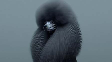 Elegant Poodle with Luxurious Gray Fur Posing Gracefully Against a Soft Grey Background in Studioの素材
