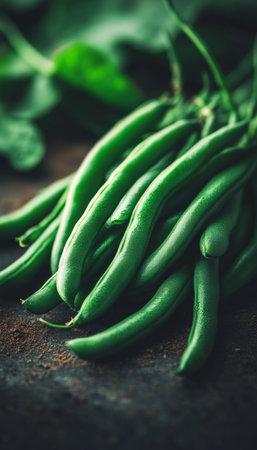 Vibrant Freshly Picked Green Beans Showcasing Their Natural Beauty in a Close-Up Photography Displayの素材