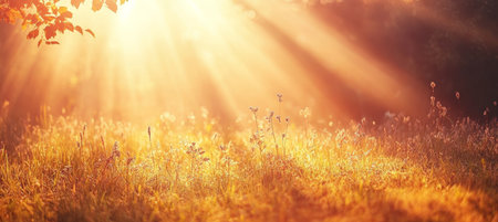 A peaceful meadow illuminated by warm golden sunlight, showcasing nature s tranquility and beauty.の素材