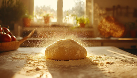 A close-up of a flour-dusted kitchen countertop with a heap of wheat and baking tools ready for use.の素材