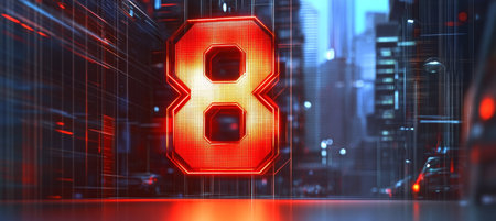 Futuristic Cyberpunk Cityscape at Night Featuring an Illuminated Big Digital Number Eight Artworkの素材