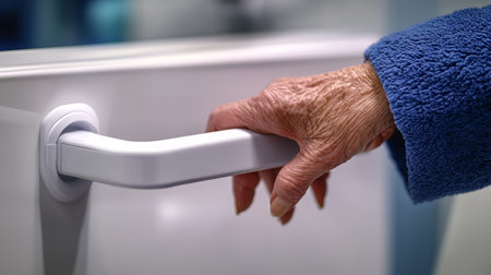 Empowering Independence Elderly Woman Confidently Grips Modern Bathroom Grab Bar for Safetyの素材