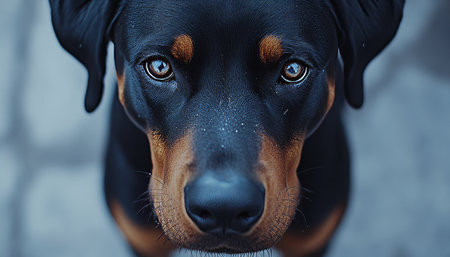 Adorable Doberman Pinscher with Charming Expression and Intense Eyes on Gray Background, Portraitの素材