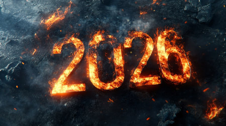 Fiery 2026 Numeric Year Burning Brightly, Future Dates in Flame, Glowing Calendar Celebration Aheadの素材