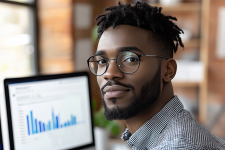 Dedicated Young Professional Analyzing Financial Report on Computer in Modern Office Environmentの素材