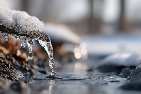 Stunning Seasonal Transition with Melted Snow, Puddles, and Dripping Water on Wet Rocks in Natureの素材