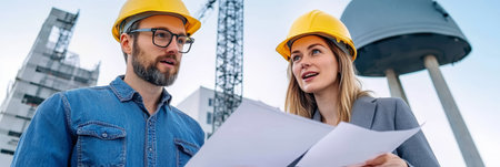 Construction Team Overseeing Building Site with Safety Protocols and Engineering Expertiseの素材