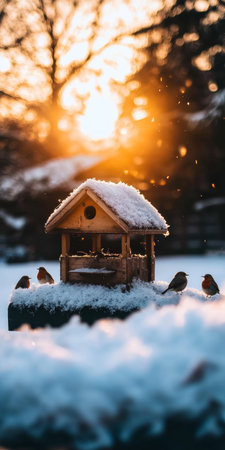 Beautiful Winter Landscape with Snow Covered Birdhouse and Colorful Birds Resting in the Sunlightの素材