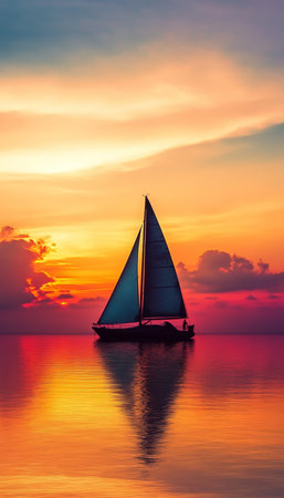 Majestic Sunset Over Calm Waters, Sailboat Silhouette Against a Glowing Sky, Tranquil Evening Sceneの素材