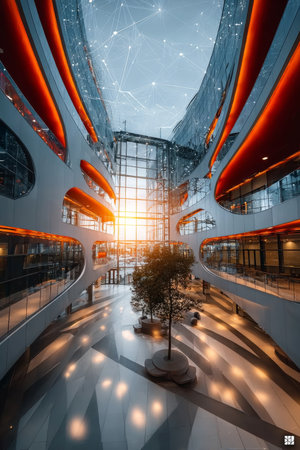 Futuristic corporate building interior design showcasing innovation and advanced technology elementsの素材