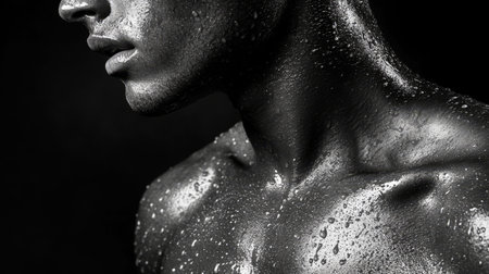 Pensive Man with Wet Skin Under Dramatic Lighting Evokes Deep Emotions and Thoughtful Reflectionの素材