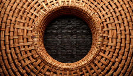 Detailed View of a Woven Basket with Intricate Patterns and a Central Circular Empty Space for Copyの素材