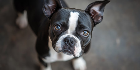 Adorable Bulldog Poses Charming Expression While Standing and Gazing Up on Stylish Gray Backgroundの素材
