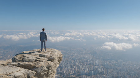 A forward-thinking professional gazes into the horizon at sunrise, blending nature and urban life.の素材