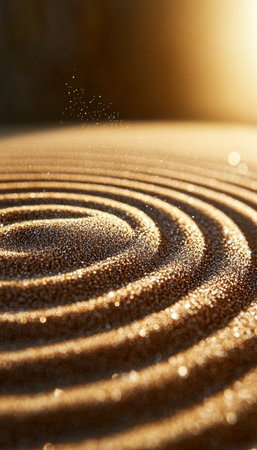 Macro Close-Up of Golden Rippled Sand in the Desert Showcasing Calming Zen Patterns for Meditationの素材