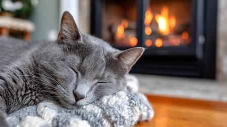 A Grey Cat Relaxing on a Knitted Cushion in Front of a Cozy, Warm Fireplace, Enjoying Comfortの素材