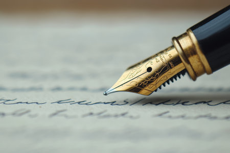 Elegant Close-up of a Golden Fountain Pen Writing Beautifully on a Vintage Sepia Canvas Paperの素材