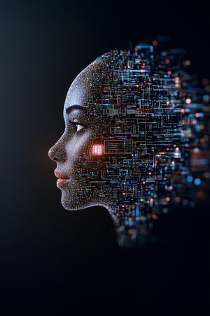 Artificial Intelligence Portrait Fragmentation A Beautiful Profile Merging with Tech Innovation Artの素材