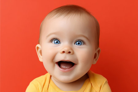 Adorable baby with bright blue eyes and joyful expression, happily looking up against red backdropの素材