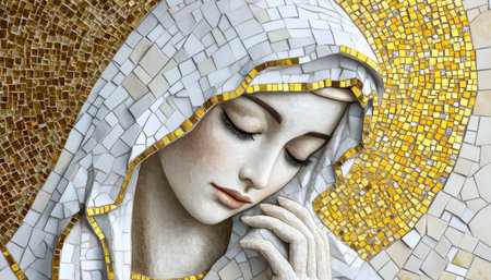 Mosaic of Mary, Mother of God, Featuring Bright Gold and Serene Expression, Graceful Artの素材