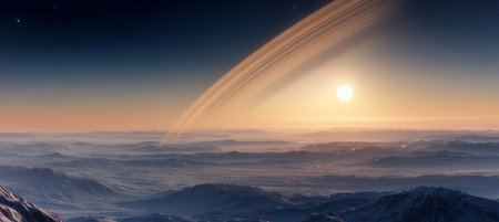 Breathtaking Scene Saturn s Rings Rise Over an Alien Exoplanet at Dawn, Stunning Landscape Viewsの素材