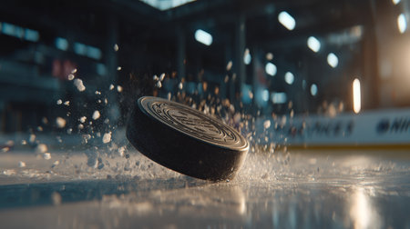 Dynamic Moment Captured Action Shot of Puck Striking Ice on Rink During Competitive Hockey Matchの素材