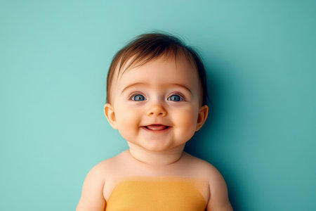 Joyful Baby Expressing Pure Childhood Bliss While Gazing Upward in Soft Blue Backdrop Settingの素材