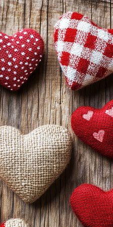 Charming Vintage Fabric Hearts Display for Valentine s Day, Warm Romantic Textures and Designsの素材