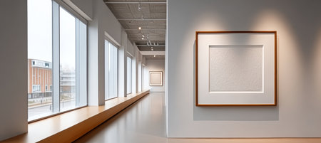 Modern Art Gallery Hallway with Empty White Canvas on Wall in Framed Showcase Backgroundの素材