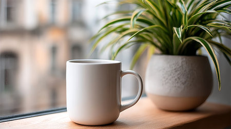Bright and Cozy Indoor Scene Featuring a White Mug and Striped Potted Plant by a Sunny Windowの素材