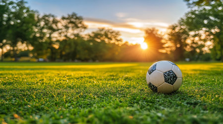 Soccer Ball Resting on Green Grass in a Sunny Field, Perfect Setting for Outdoor Play and Fun Gamesの素材