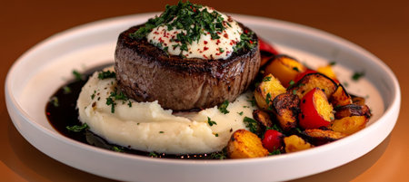 Deliciously Grilled Steak Plate Served with Creamy Mashed Potatoes and Colorful Roasted Vegetablesの素材